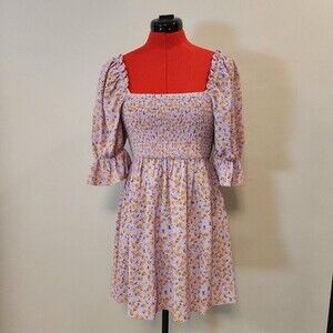 ​NWT Buddy Love Lavender Floral Smocked Mini Dress Size Small Puff Sleeve